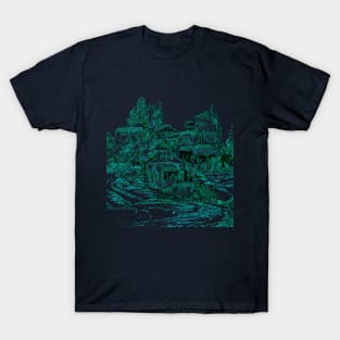 Old-World Town Teal Outline Art T-Shirt